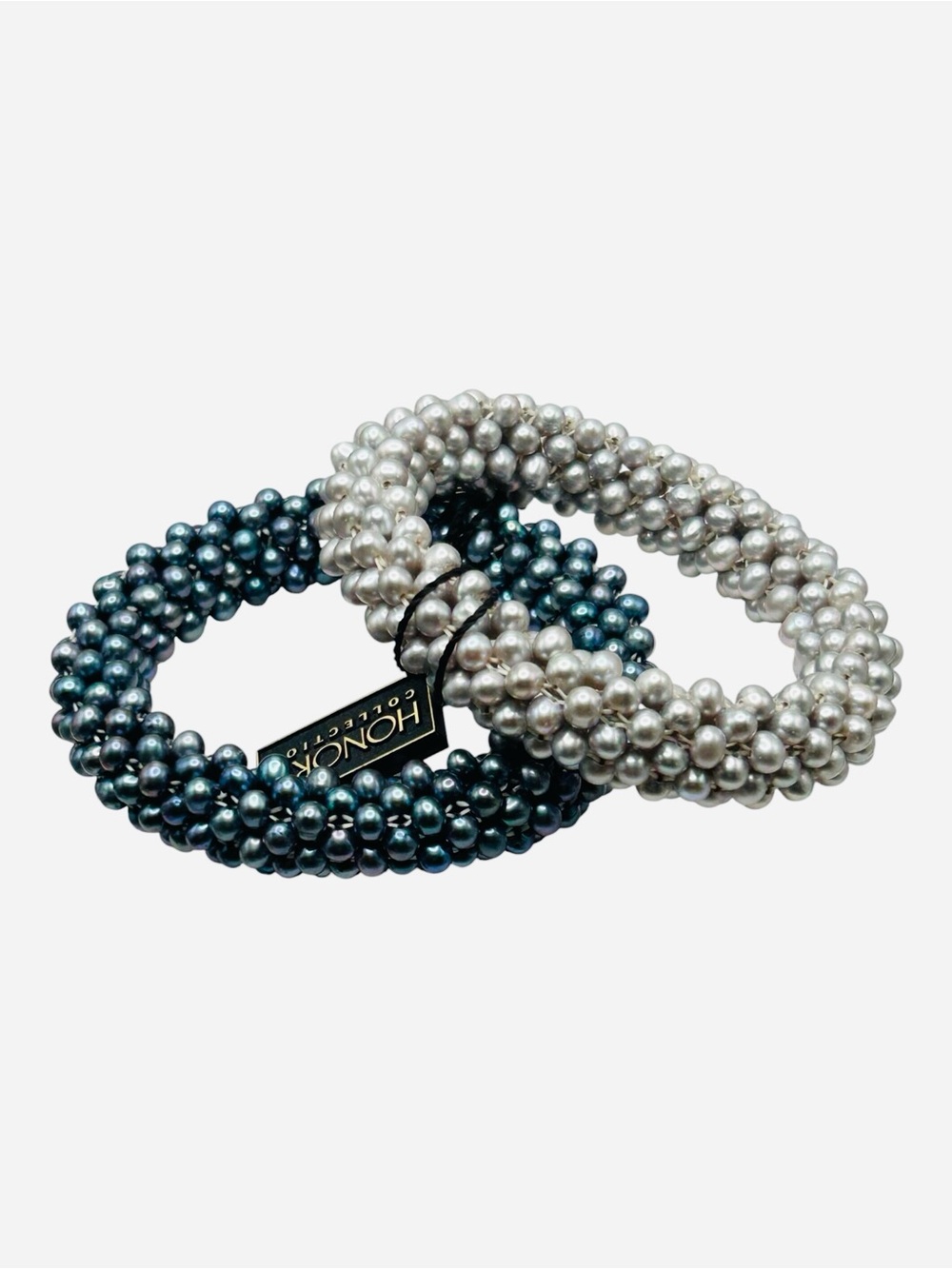 Pair of Honora Pearl Silver and Teal Woven Pearl Stretch Bracelets